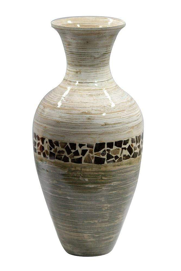 Vases Tall Vase - 10'.7" X 10'.7" X 20" Distressed White And Green W/ Coconut Shell Bamboo Spun Bamboo Vase HomeRoots