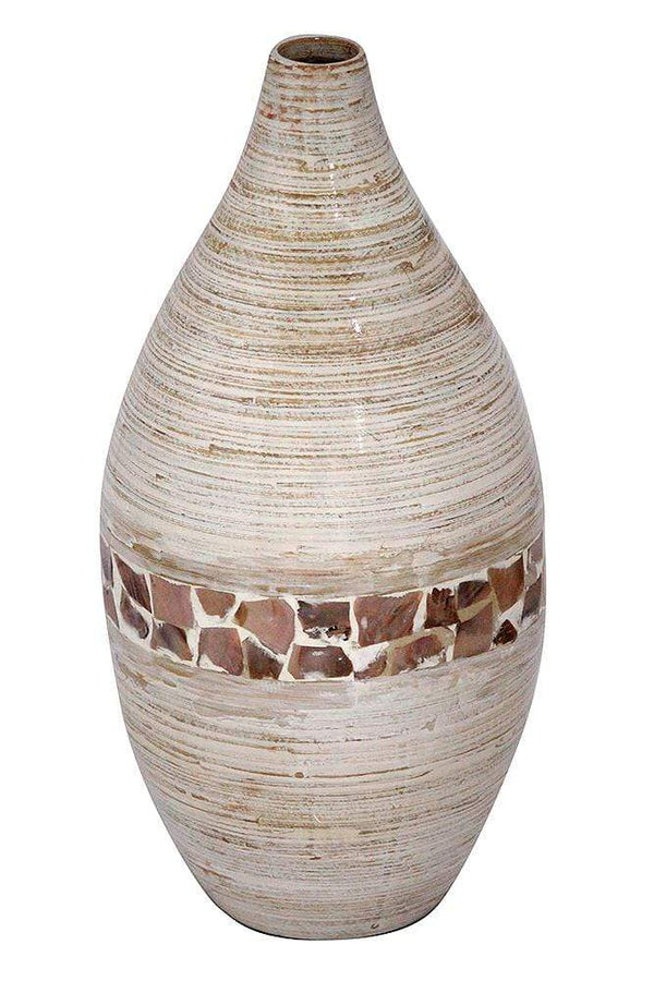 Vases Tall Vase - 10" X 10" X 20" Distressed White W/ Coconut Shell Bamboo Spun Bamboo Vase HomeRoots