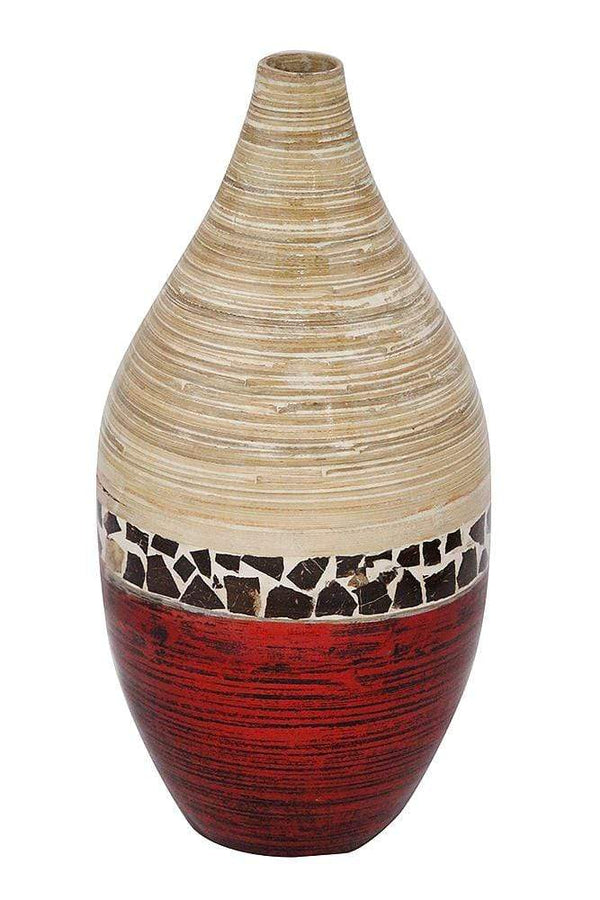 Vases Tall Vase - 10" X 10" X 20" Natural Bamboo And Metallic Red W/ Coconut Shell Bamboo Spun Bamboo Vase HomeRoots