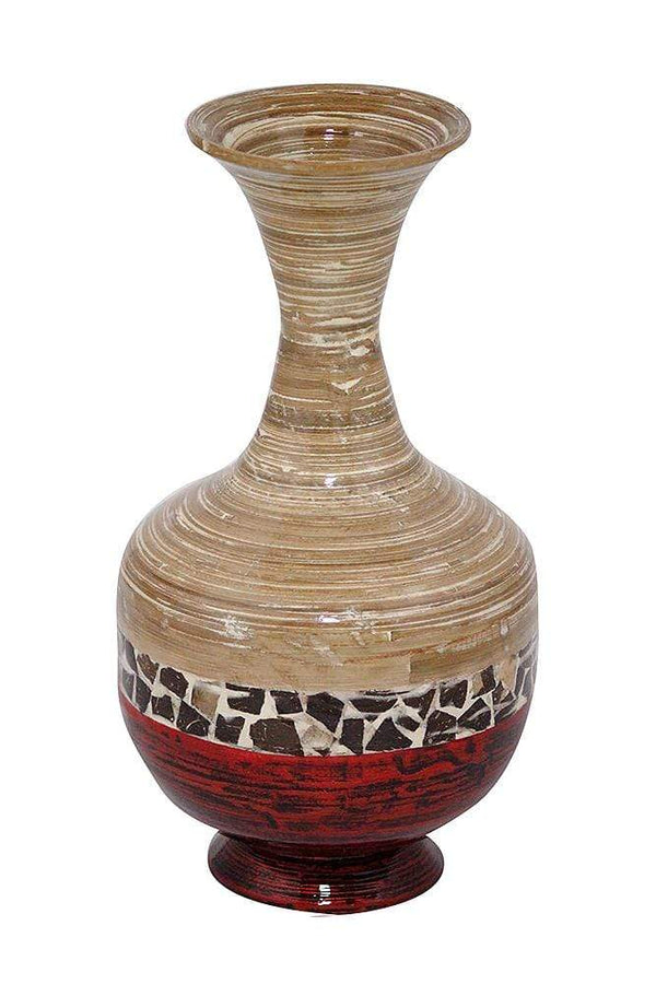 Vases Tall Vase - 12" X 12" X 22" Natural Bamboo And Metallic Red W/ Coconut Shell Bamboo Spun Bamboo Vase HomeRoots