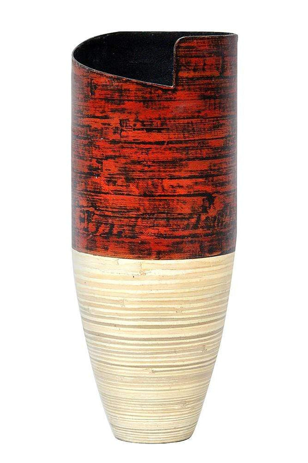 Vases Tall Vase - 9" X 9" X 20" Distressed Red & Natural Bamboo Bamboo Spun Bamboo Vase HomeRoots