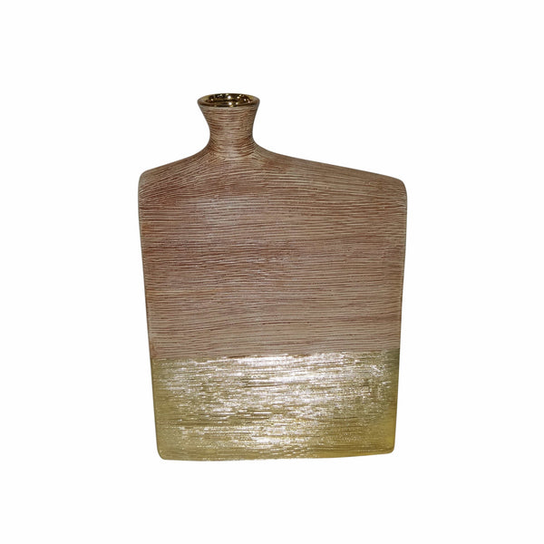 Vases Textured Wide Ceramic Vase with Narrow Opening , Brown and Gold Benzara