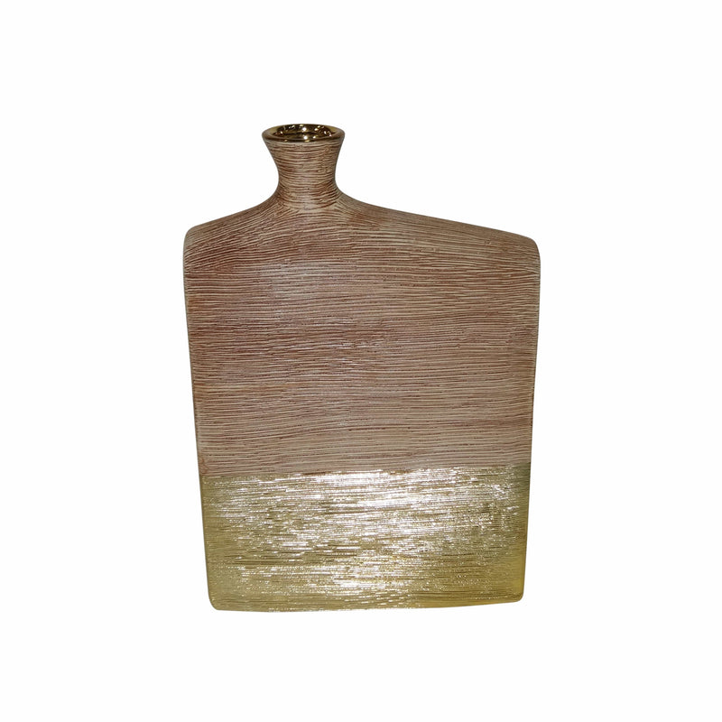Vases Textured Wide Ceramic Vase with Narrow Opening , Brown and Gold Benzara