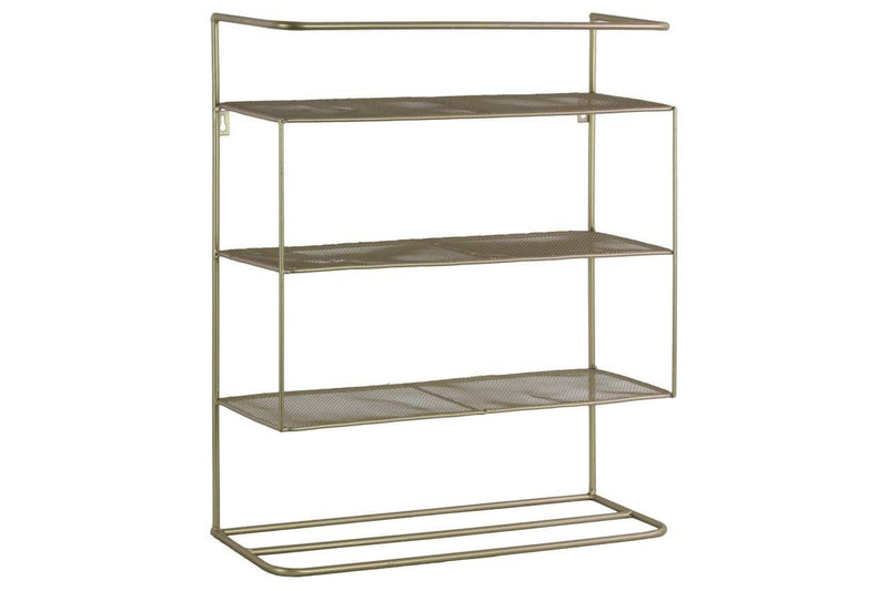 WALL HOOKS AND SHELFS Rectangular Metal Wall Organizer With 3 Shelves, Champagne Silver Benzara