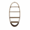 Wall Hooks & Shelves Oval Shape Four Tiered Metal and Wood Wall Shelf with Spacious Display, Brown and Gold Benzara