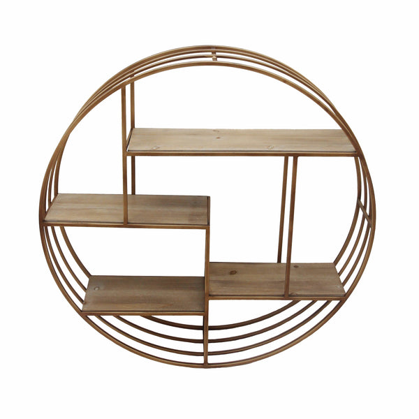 Wall Hooks & Shelves Round Metal Framed Wall Shelf with Four Wooden Display Spaces, Gold and Brown Benzara