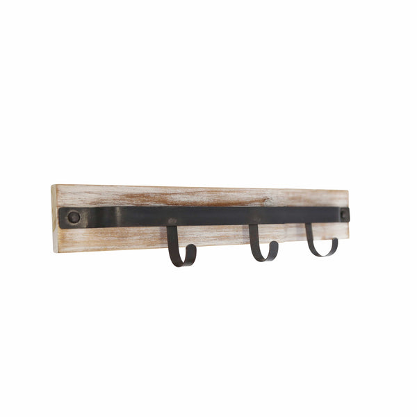 Traditional Metal and Wooden Wall Hanger with Three Hooks, Brown and Black