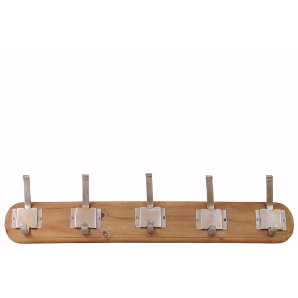 Wood Hanger with 5 Metal Hooks Large Varnished Wood Finish - Brown - Benzara