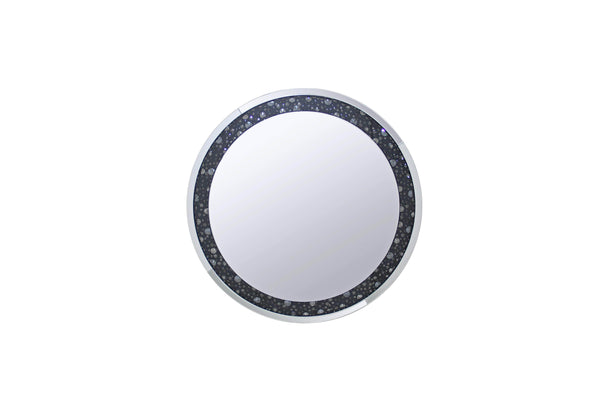Wall Mirrors Round Wall Accent Mirror With Black Crystal Insert in Mirrored Frame Benzara