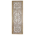 Wall Panel Rectangular Mango Wood Wall Panel Hand Crafted With Intricate Carving, White and Brown Benzara