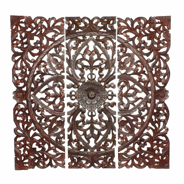 Wall Panel Three Piece Wooden Wall Panel Set with Traditional Scrollwork and Floral Details, Brown Benzara