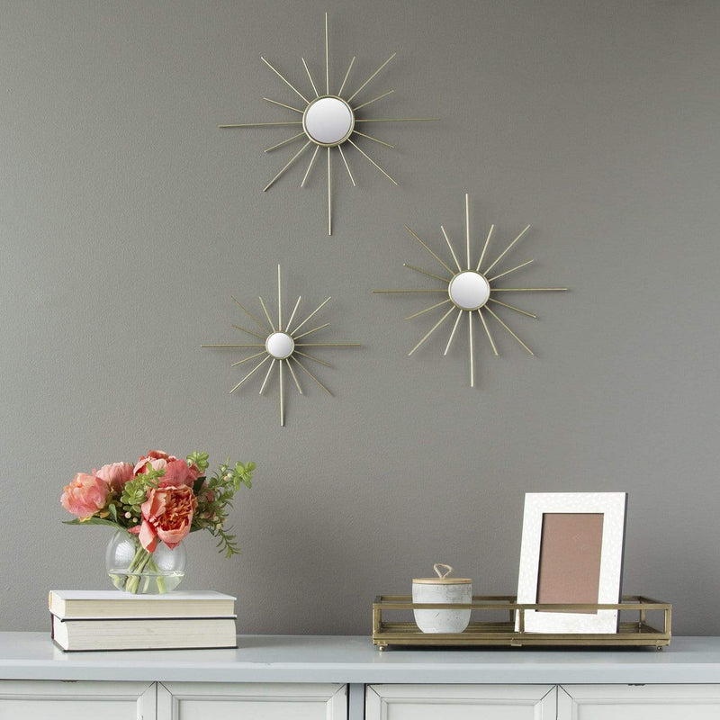 Walls Decorative Wall Mirrors - 14" X 0.5" X 14" 3Pcs Gold Mirror Burst Wall Decor HomeRoots