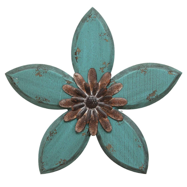 Walls Metal Wall Decor - 14.75" X 1.18" X 13.98" Teal on Red Antique Flower Wall Decor HomeRoots