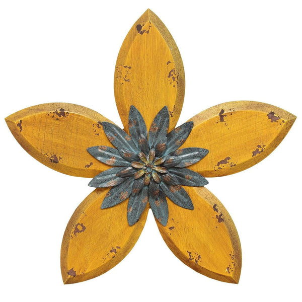 Walls Metal Wall Decor - 14.75" X 1.18" X 13.98" Yellow on Teal Antique Flower Wall Decor HomeRoots