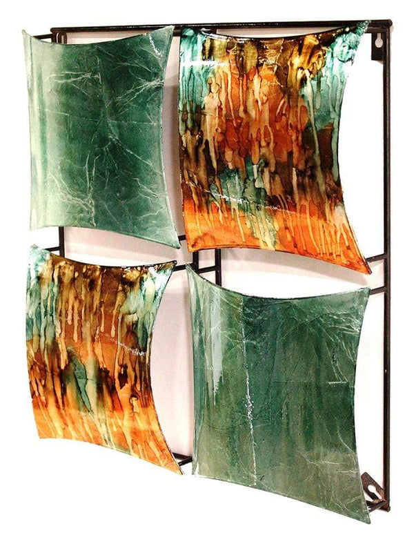 Walls Metal Wall Decor - 16" X 2" X 16" Turquoise, Copper And Bronze Metal 4-Panel Square Wall Decor HomeRoots