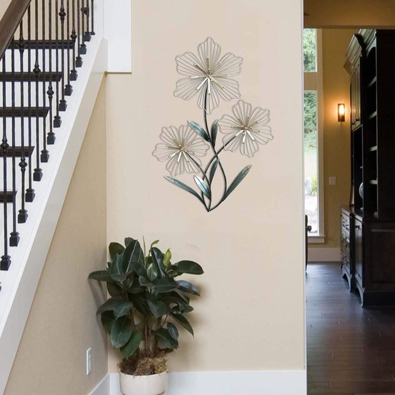 Walls Metal Wall Decor - 18.5" X 1.38" X 30" Silver and Blue Tri-Flower Wall Decor HomeRoots