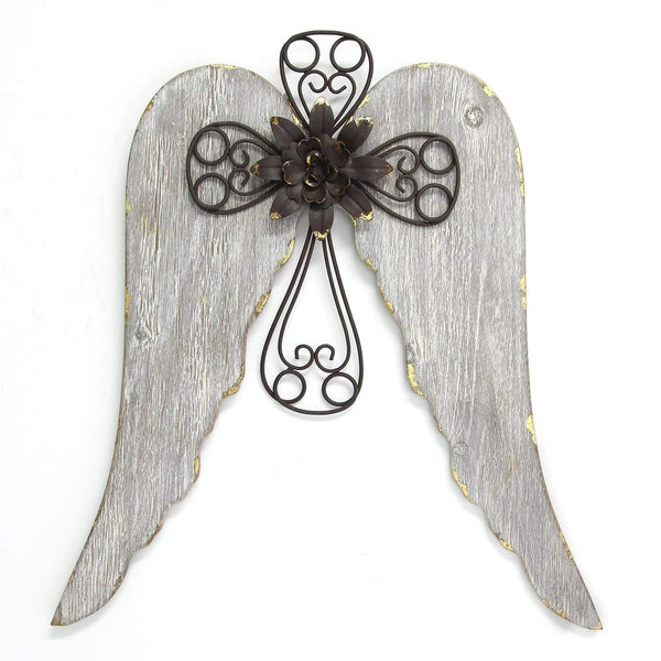 Walls Metal Wall Decor - 18" X 1.25" X 19" Distressed White Angel Wings With Cross Wall Decor HomeRoots