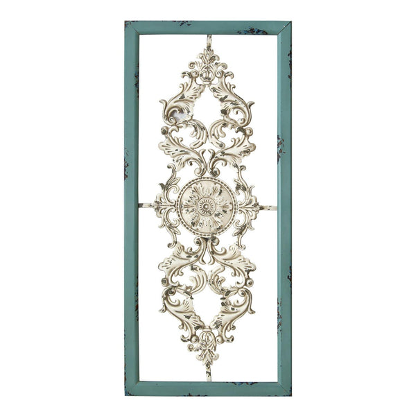 Walls Metal Wall Decor - 36" X 0.75" X 16" Teal on White Scroll Panel Wall Decor HomeRoots