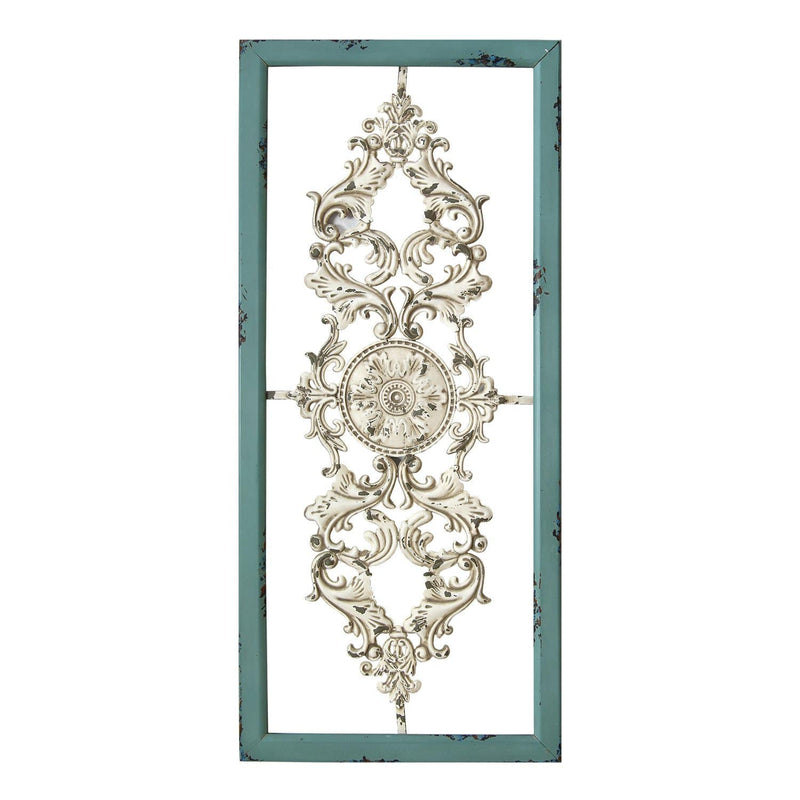 Walls Metal Wall Decor - 36" X 0.75" X 16" Teal on White Scroll Panel Wall Decor HomeRoots