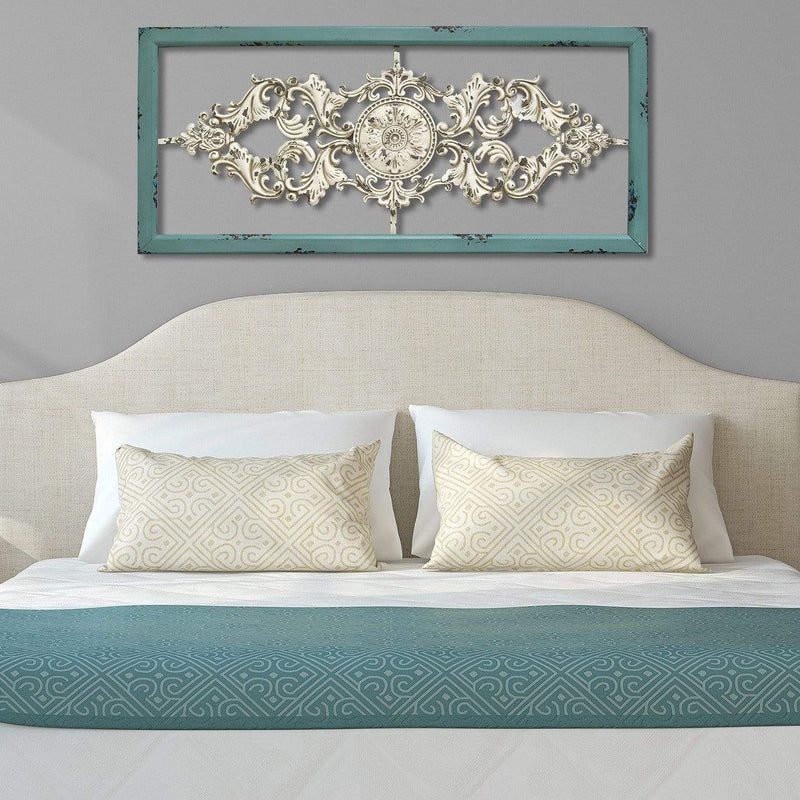 Walls Metal Wall Decor - 36" X 0.75" X 16" Teal on White Scroll Panel Wall Decor HomeRoots