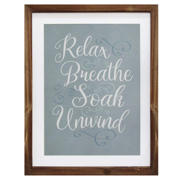 Walls Wall Art Decor - 11" X 1" X 14" Natural Wood Relax, Breathe, Soak, Unwind Framed Bath Art HomeRoots