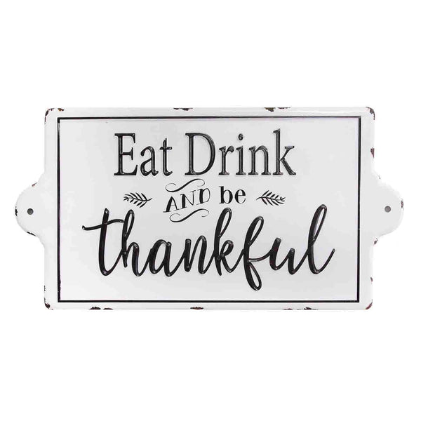 Walls Wall Art Decor - 24" X 0.51" X 12.5" White Eat, Drink & Be Thankful Enamel Wall Art HomeRoots