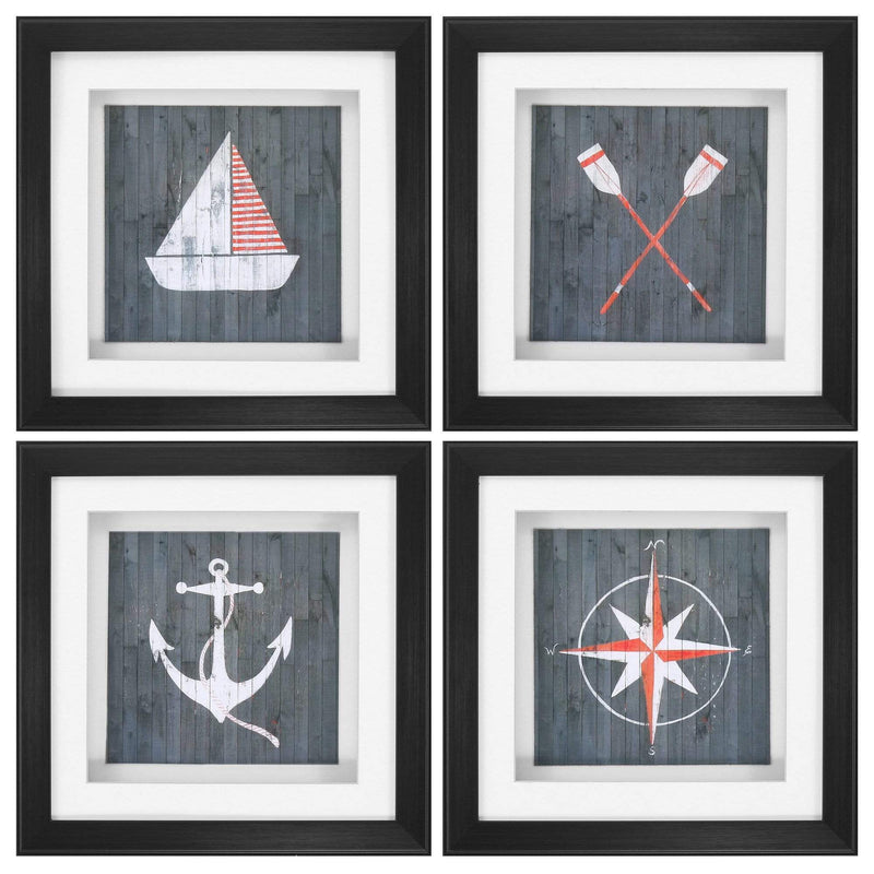 Walls Wall Frame Decor - 14" X 14" Dark Wood Toned Frame Nautical Plank (Set of 4) HomeRoots