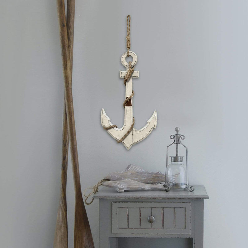 Walls Wood Wall Decor - 12.6" X 1.77" X 22.83" White Nautical Anchor Wall Decor HomeRoots