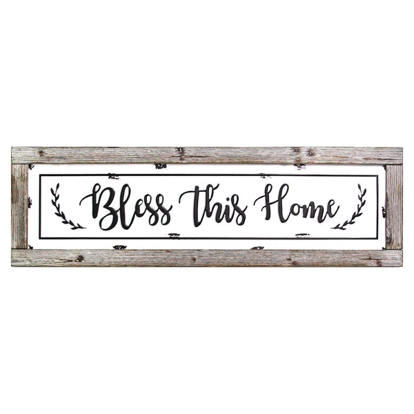 Walls Wood Wall Decor - 35.63" X 0.07" X 10.83" Bless This Home Framed Enamel Sign Wall Decor HomeRoots