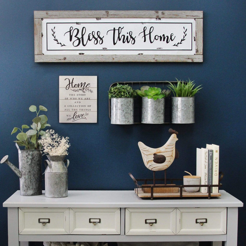 Walls Wood Wall Decor - 35.63" X 0.07" X 10.83" Bless This Home Framed Enamel Sign Wall Decor HomeRoots