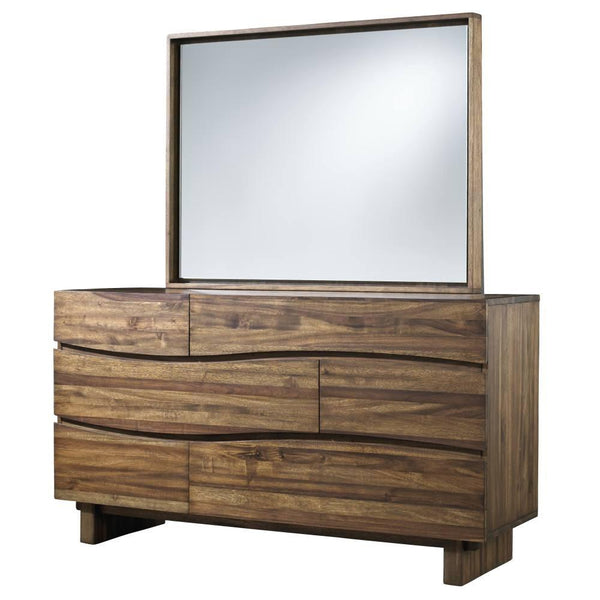 Wave Front Six Drawers Wooden Dresser with Hidden Drawer Pull, Natural Brown-Cabinets and storage chests-Brown-Wood-JadeMoghul Inc.