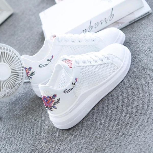 WAWFROK Women Casual Shoes Summer 2018 Spring Women Shoes Fashion Embroidered Breathable Hollow Lace-Up Women Sneakers-black flower Mesh-4-JadeMoghul Inc.