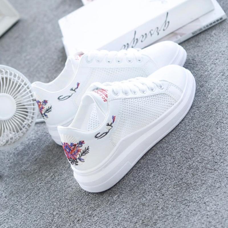 WAWFROK Women Casual Shoes Summer 2018 Spring Women Shoes Fashion Embroidered Breathable Hollow Lace-Up Women Sneakers-black flower Mesh-4-JadeMoghul Inc.