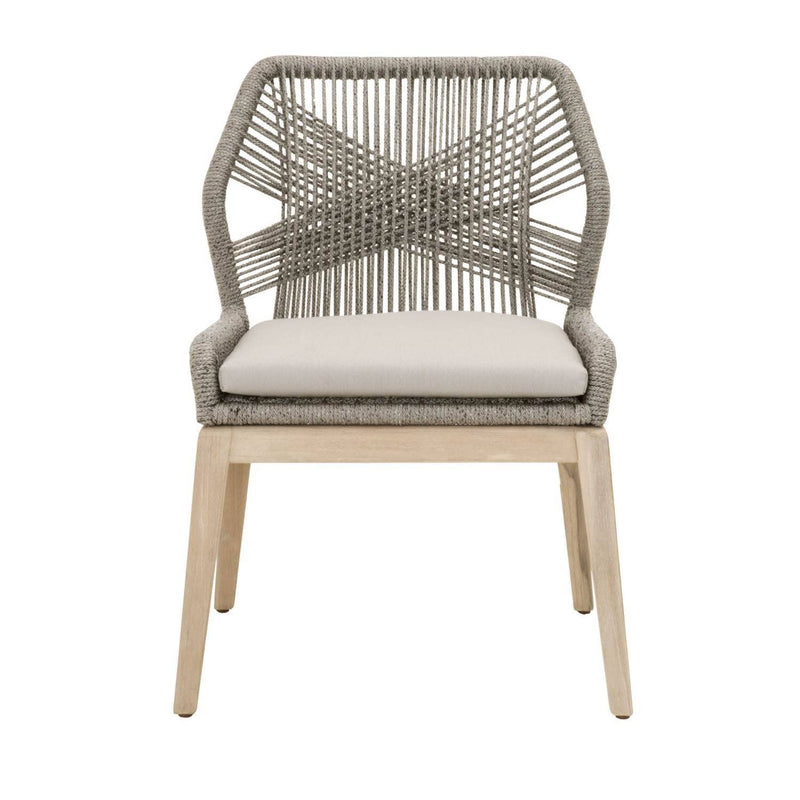 Weave Design Outdoor Dining Chair With Loose Seat Cushion, Gray, Set Of Two-Dining Chairs-Gray, Brown-Teak Wood Rope and Fabric-JadeMoghul Inc.