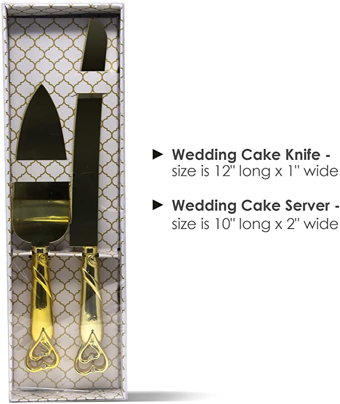 Gold Double Heart Wedding Cake Serving Set - Gold Wedding Cake Knife Set