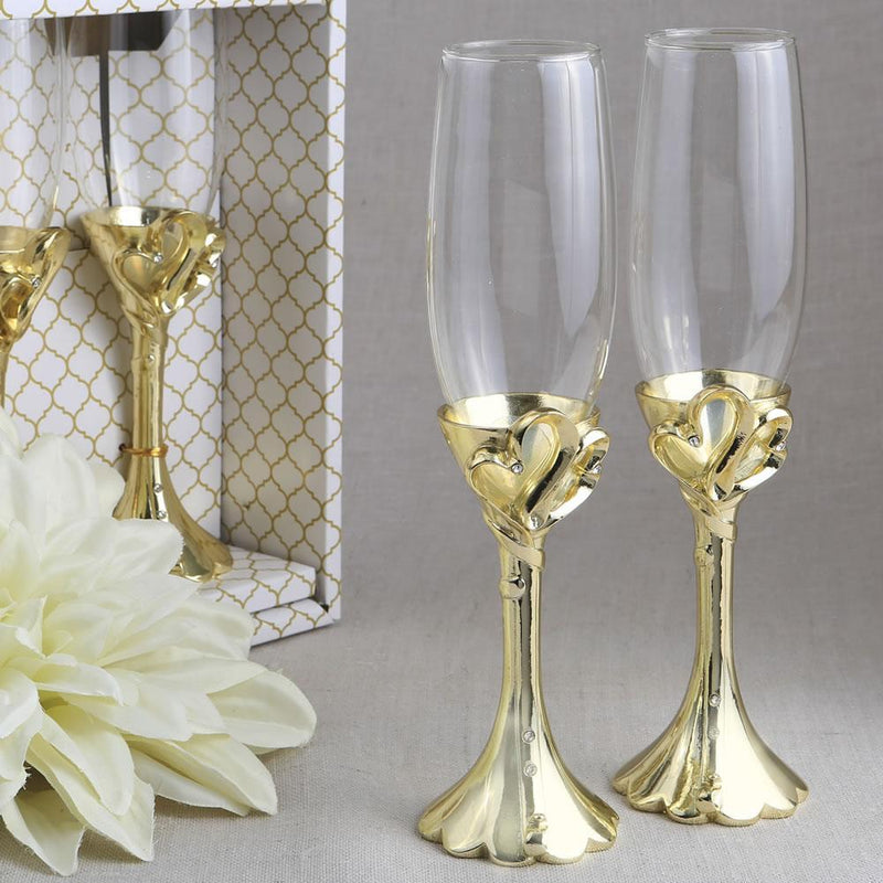 Wedding Cake Accessories Set of 2 Gold heart themed Toasting flutes Fashioncraft