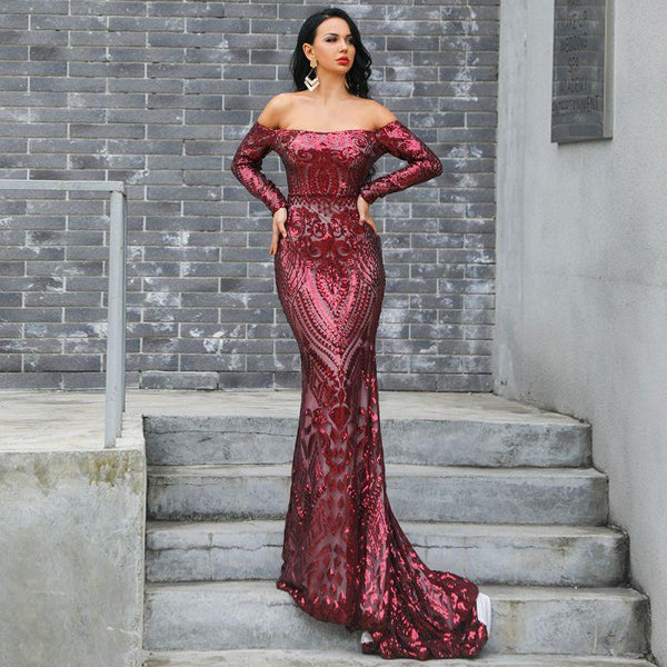 Wedding Reception Accessories Off-shoulder Design Women Shiny Sequin Decor Elegant Evening Formal Dress TIY