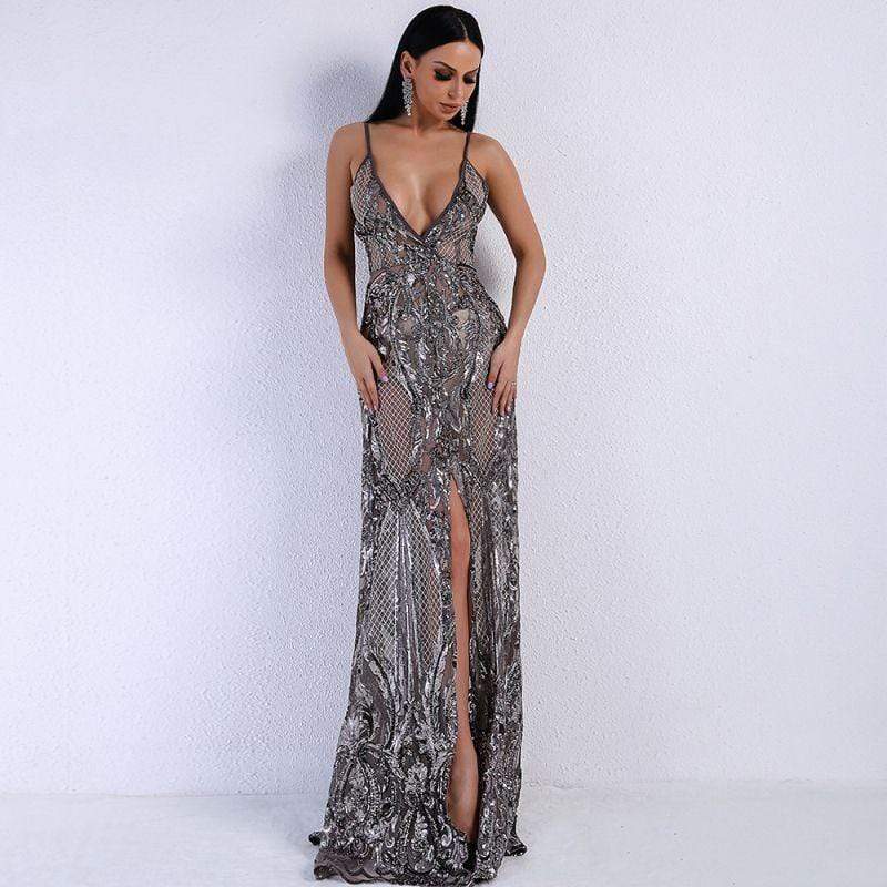 Wedding Reception Accessories See-through Mesh Fabric Elegant Women Backless Spaghetti Strap Slit Maxi Dress TIY