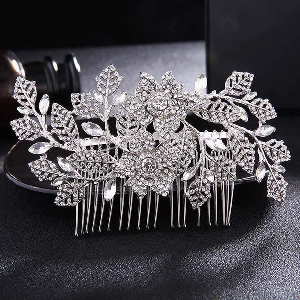 Wedding Reception Accessories Silver Color Hollow Out Pave Crystal Flower And Leaf Shape Hair Combs TIY