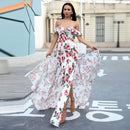 Summer Party Pattern Ruffled Off-shoulder Flower Print Side-slit Maxi Dress