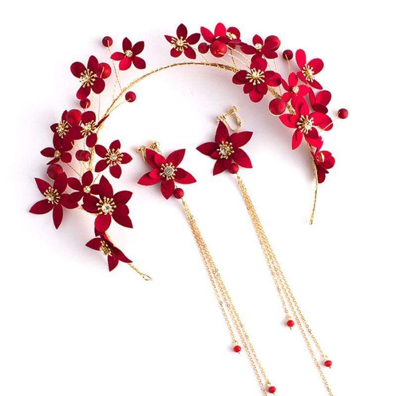 Unique Red Color Wedding Jewelry Women Flowers Pattern Hair Accessory Earrings Set