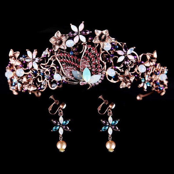 Wedding Reception Accessories Vintage Colorful Butterfly And Flower Crystal Crown Earrings Bridal Tiaras TIY
