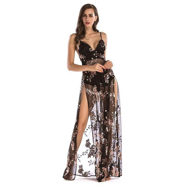 Women Sexy See-through Pattern Unique Sequin Party Slip Dress