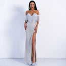 Women Tassel Detailing Sexy Off-shoulder Stripes Pattern Glitter Side-slit Evening Dress