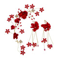 Women Unique Tassel Design Red Color Rose Hair Tiara Earrings Set