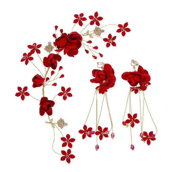Women Unique Tassel Design Red Color Rose Hair Tiara Earrings Set