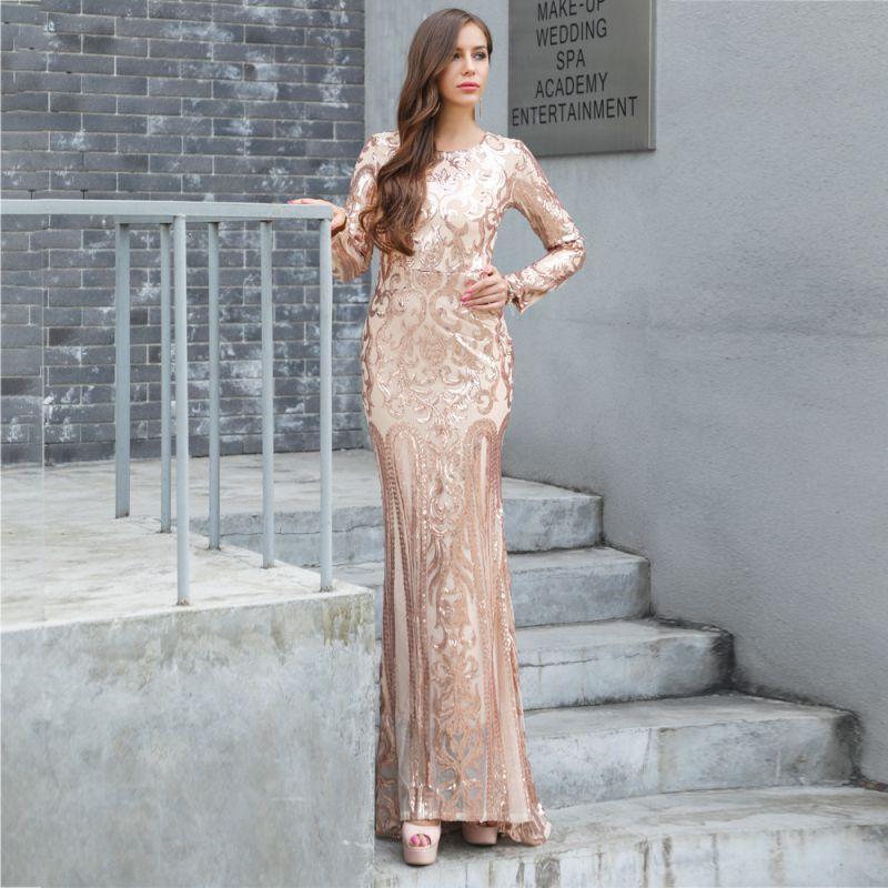 Women Year-end Party Long-sleeve Sequin Detailing Fishtail Vintage Dress