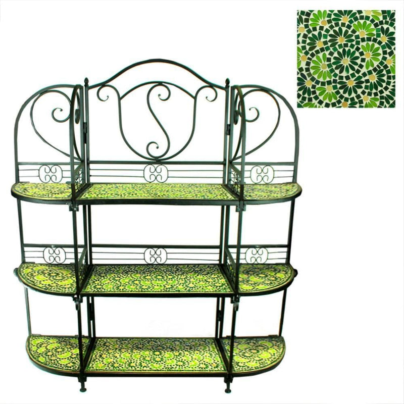 Well-Made 3Tiers Metal Planter Stand With Mosaic Pattern, Green And Yellow-Plant Stands and Telephone Tables-Green & Yellow-Mosaic/Metal-JadeMoghul Inc.