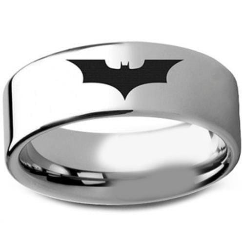 Batman Ring White Tungsten Carbide Batman Pipe Cut Flat Ring