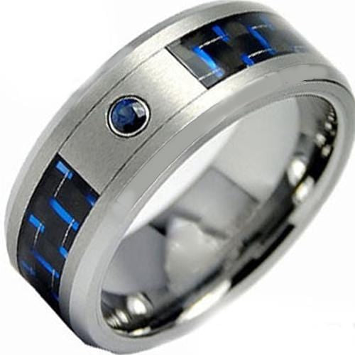 Tungsten Carbide Rings White Tungsten Carbide With Black Blue Carbon Fiber & Blue Sapphire